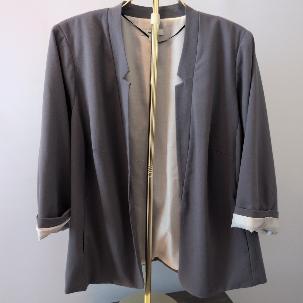 Kensie Blazer Women 2X Grey Open Front Cuffed Sleeve Polka Dot Lining Workwear